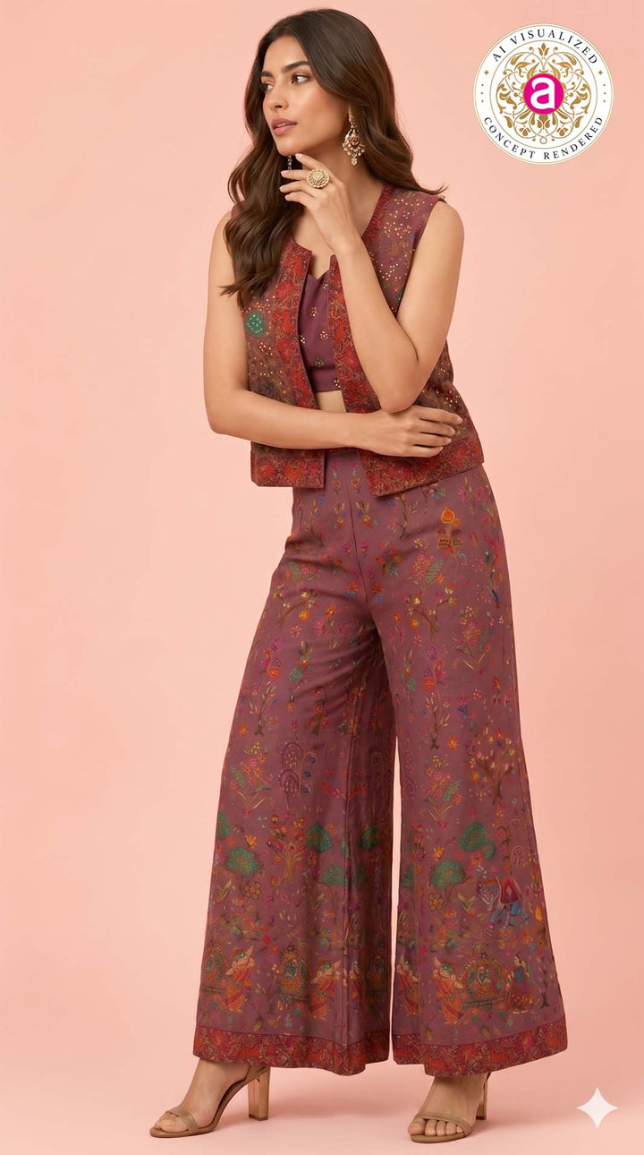 Mauve Stone Work Palazzo Set with Crop Top & Jacket