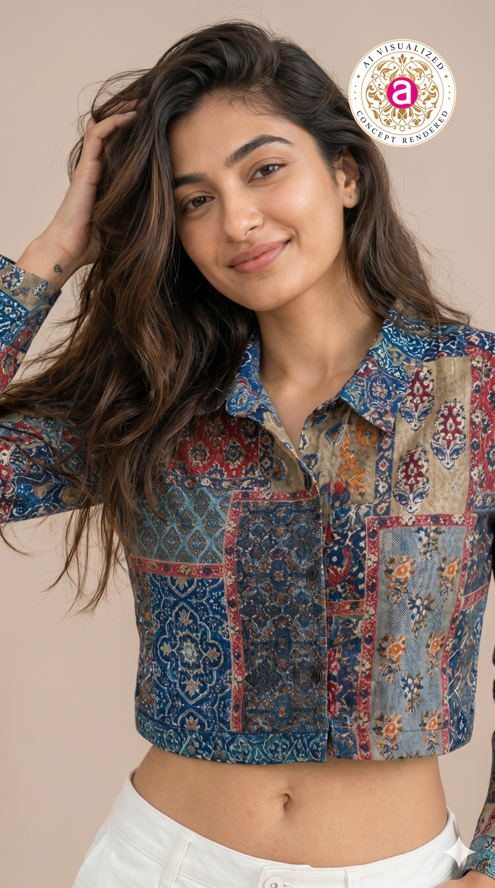Boho Patchwork Printed Crop Shirt Top
