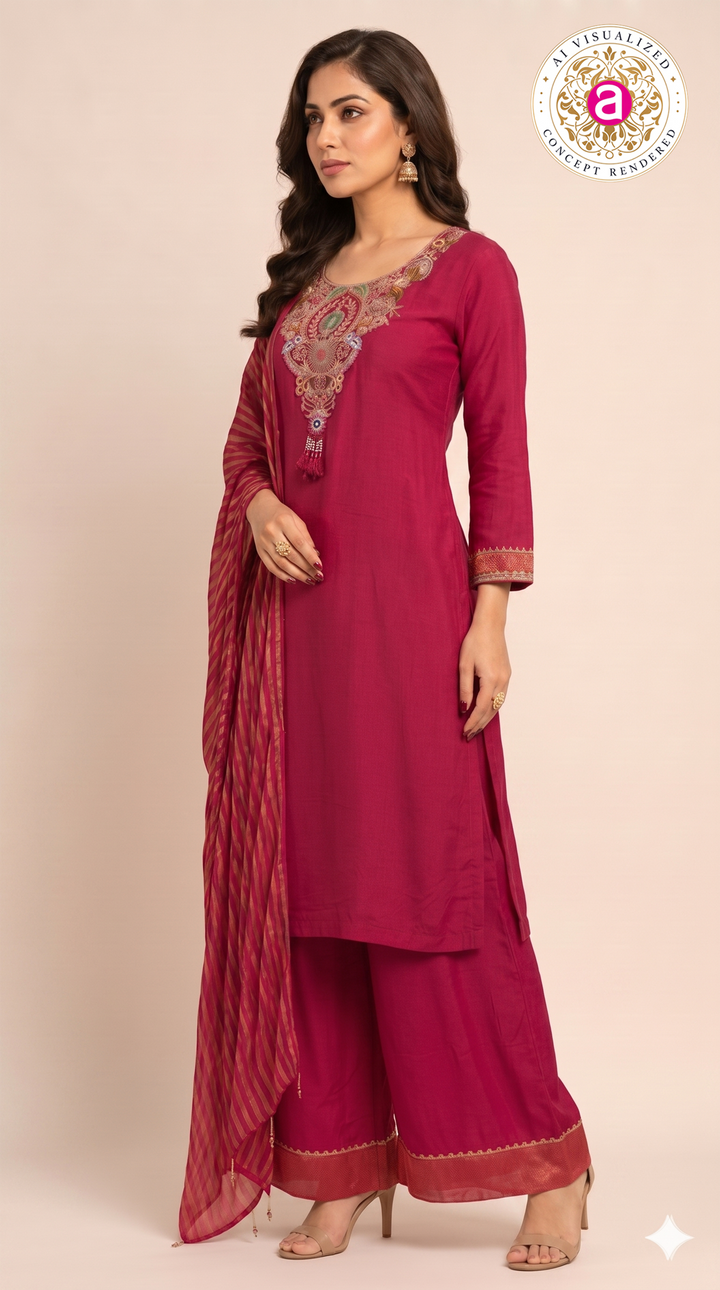 Rani Pink Handwork Kurta Palazzo Set with Dupatta
