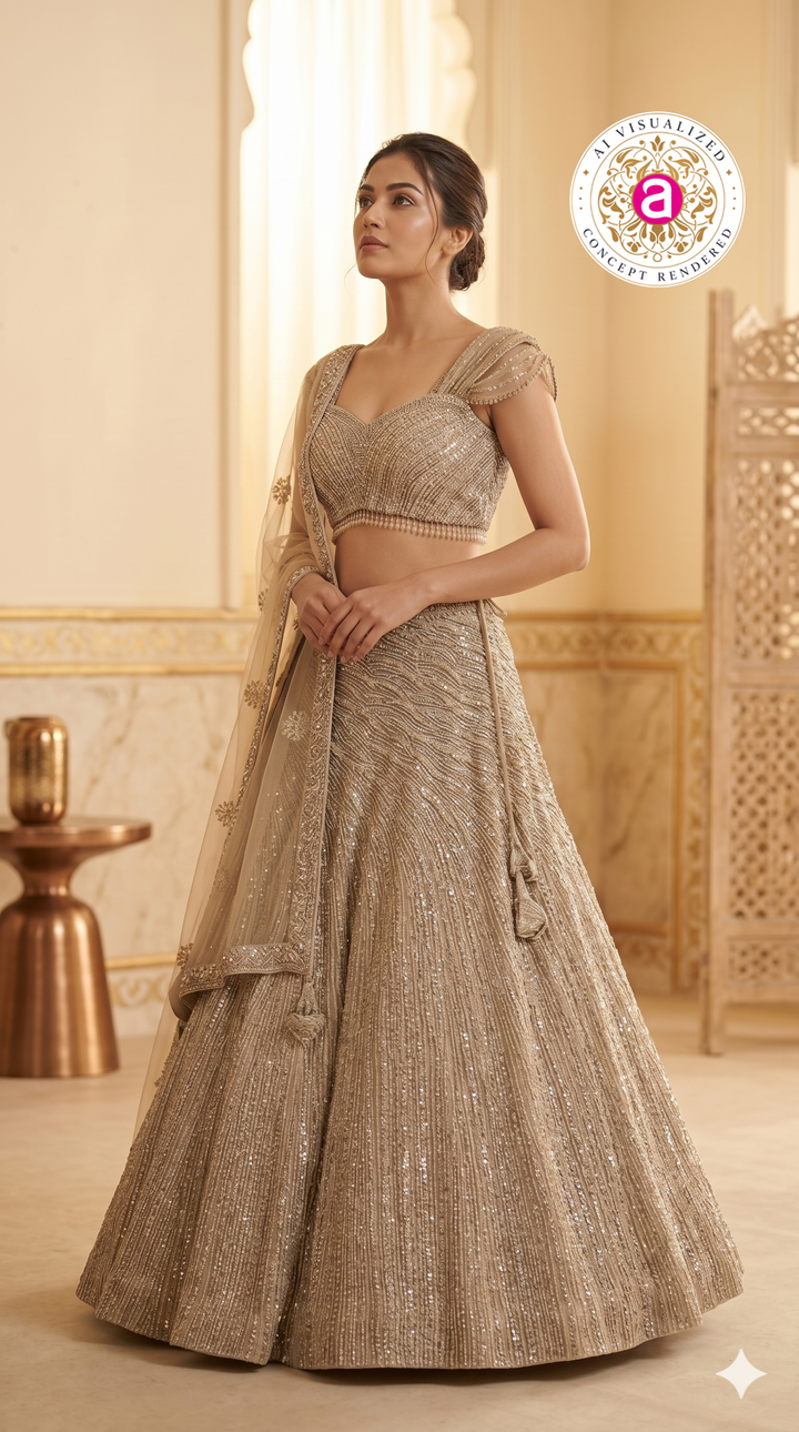 Champagne Gold Designer Lehenga Set with Embellished Blouse and Net Dupatta