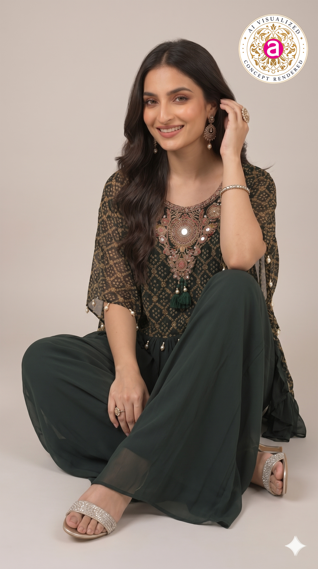 Bottle Green Handwork Kaftan Palazzo Set