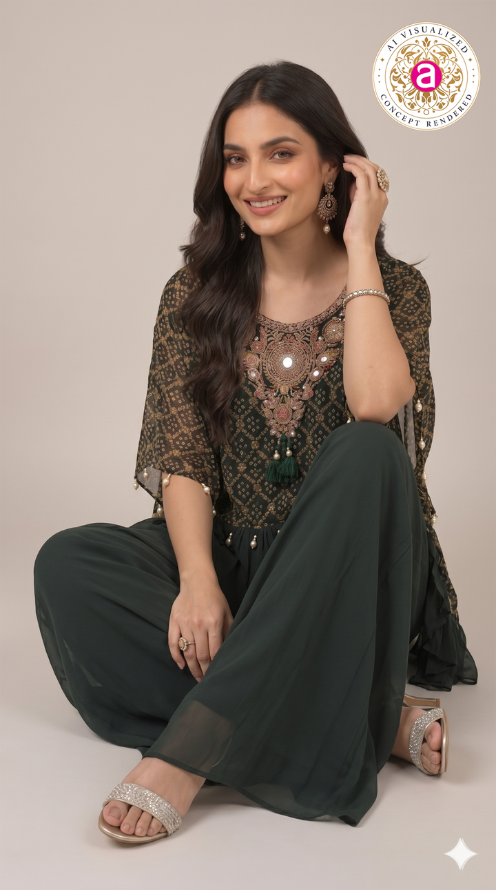 Bottle Green Handwork Kaftan Palazzo Set