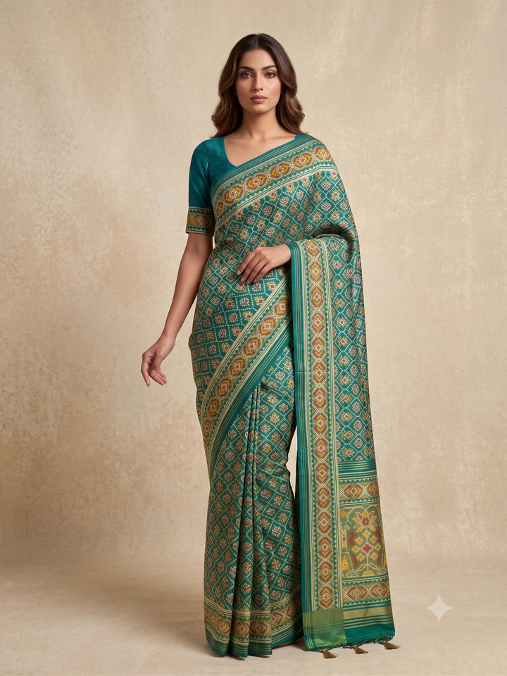 Patola Weaving Silk Saree with Traditional Ikat Diamond Weave & Elegant Zari Border