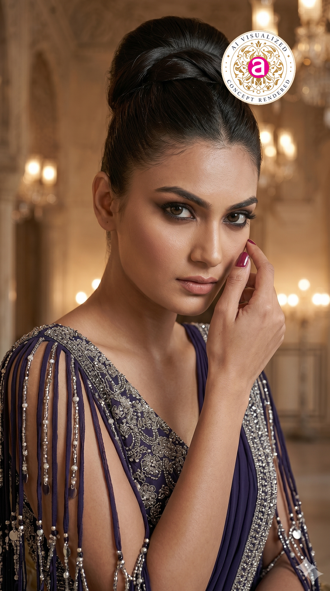 Midnight Purple Designer Saree with Embellished Fringe Blouse & Sequins Border