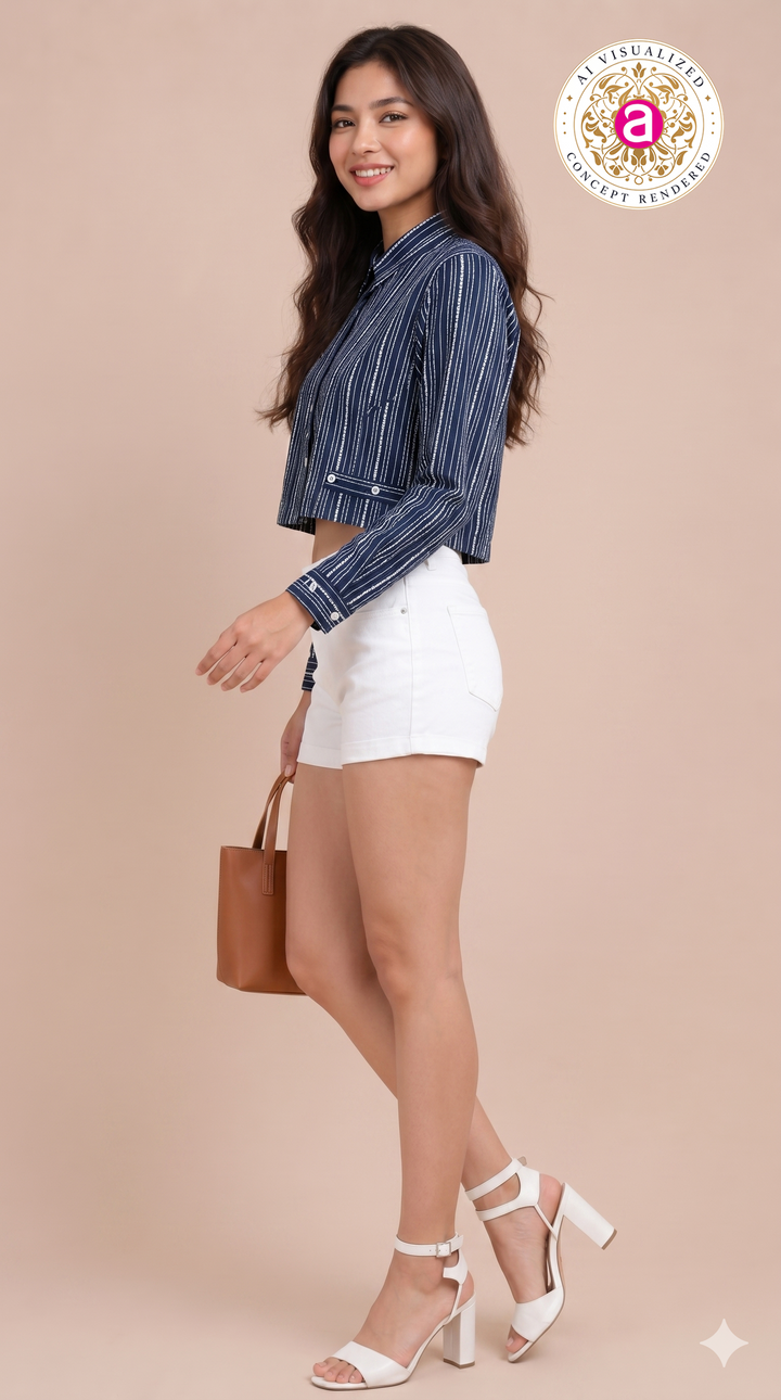 Navy Blue Striped Crop Shirt Top