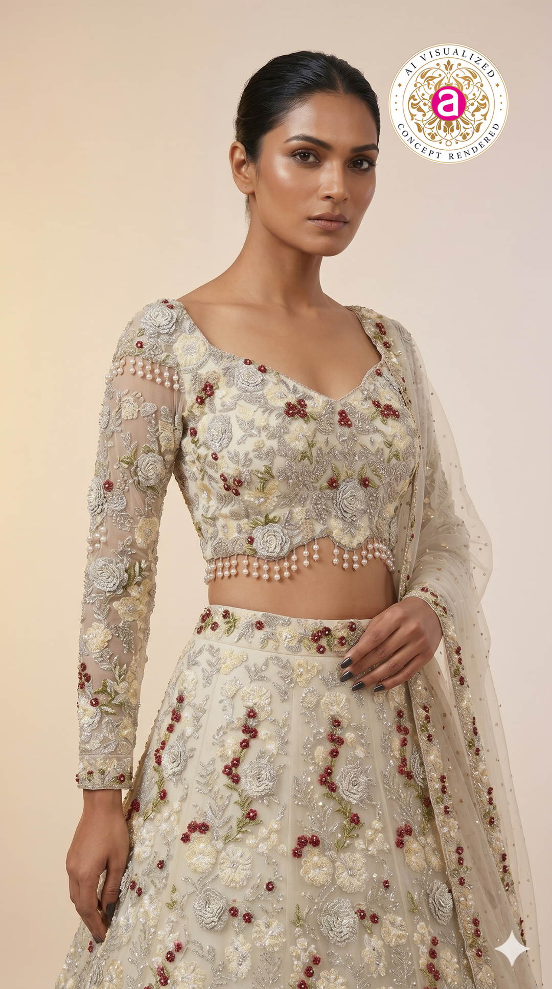 Ivory Pearl Embroidered Bridal Lehenga Set with Floral Handwork & Sheer Dupatta