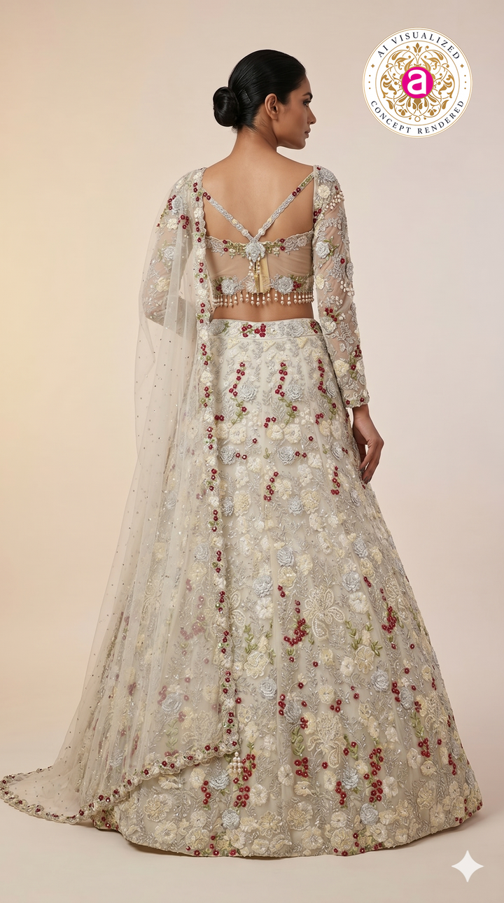 Ivory Pearl Embroidered Bridal Lehenga Set with Floral Handwork & Sheer Dupatta