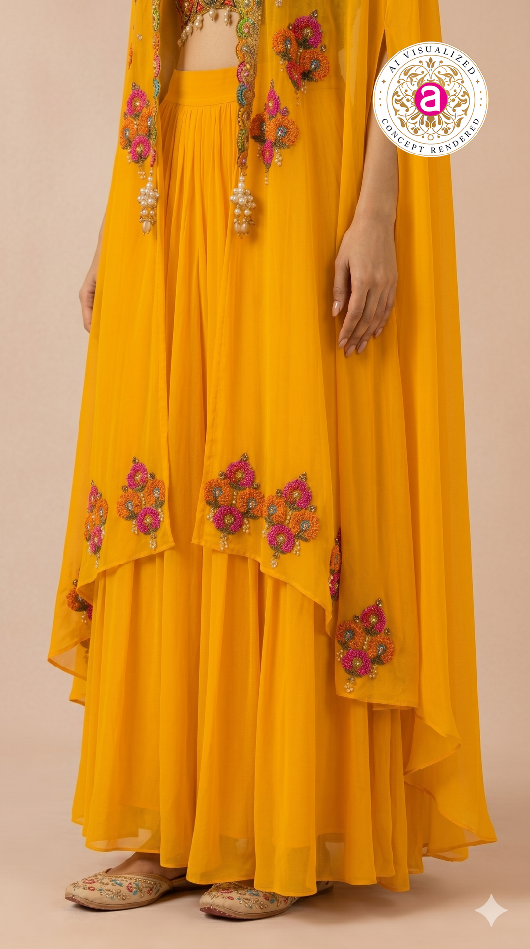 Sunshine Yellow Cape Palazzo Set with Multicolour Embroidered Blouse