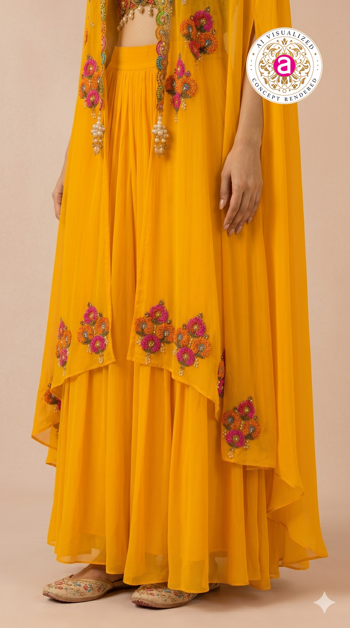 Sunshine Yellow Cape Palazzo Set with Multicolour Embroidered Blouse