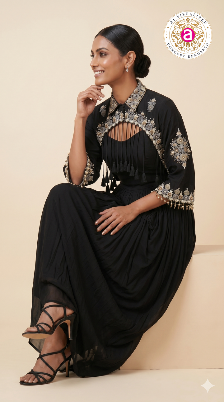 Midnight Black Embroidered Cape Style Draped Dress