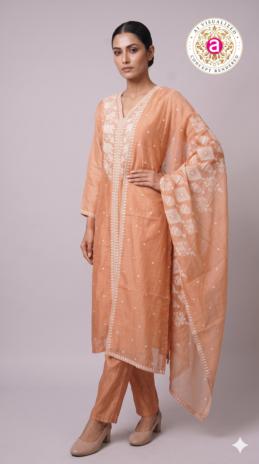 Peach Embroidered Straight Kurta Set with Matching Pants & Dupatta