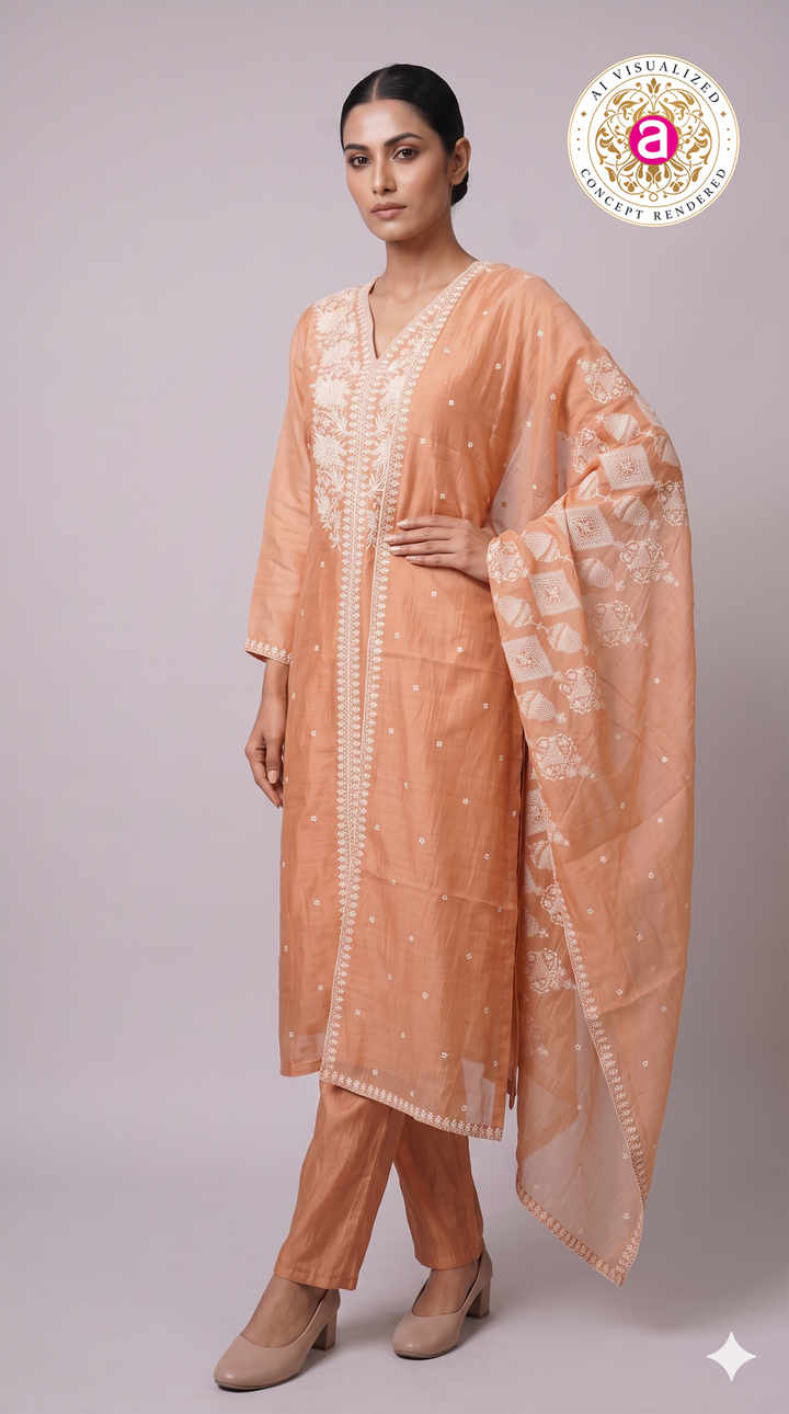 Peach Embroidered Straight Kurta Set with Matching Pants & Dupatta