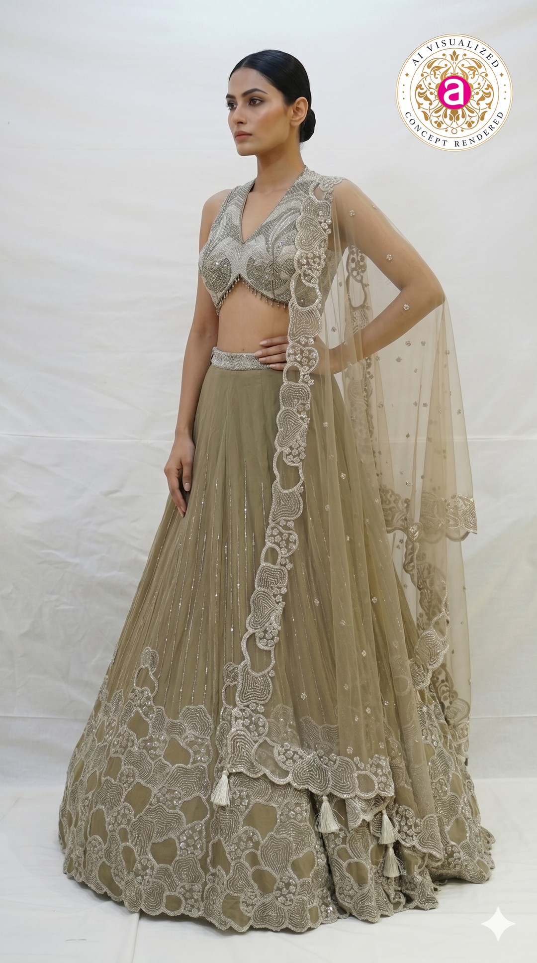 Olive Beige Embroidered Lehenga Choli with Statement Blouse & Net Dupatta