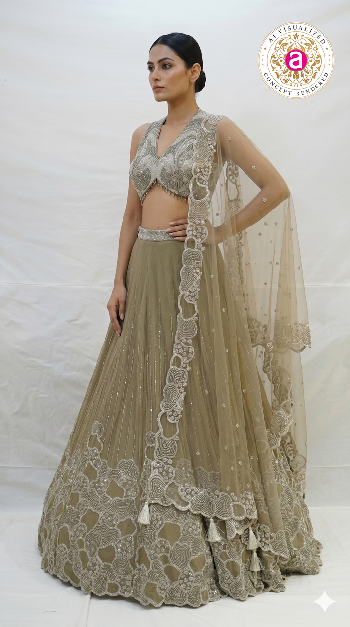 Olive Beige Embroidered Lehenga Choli with Statement Blouse & Net Dupatta
