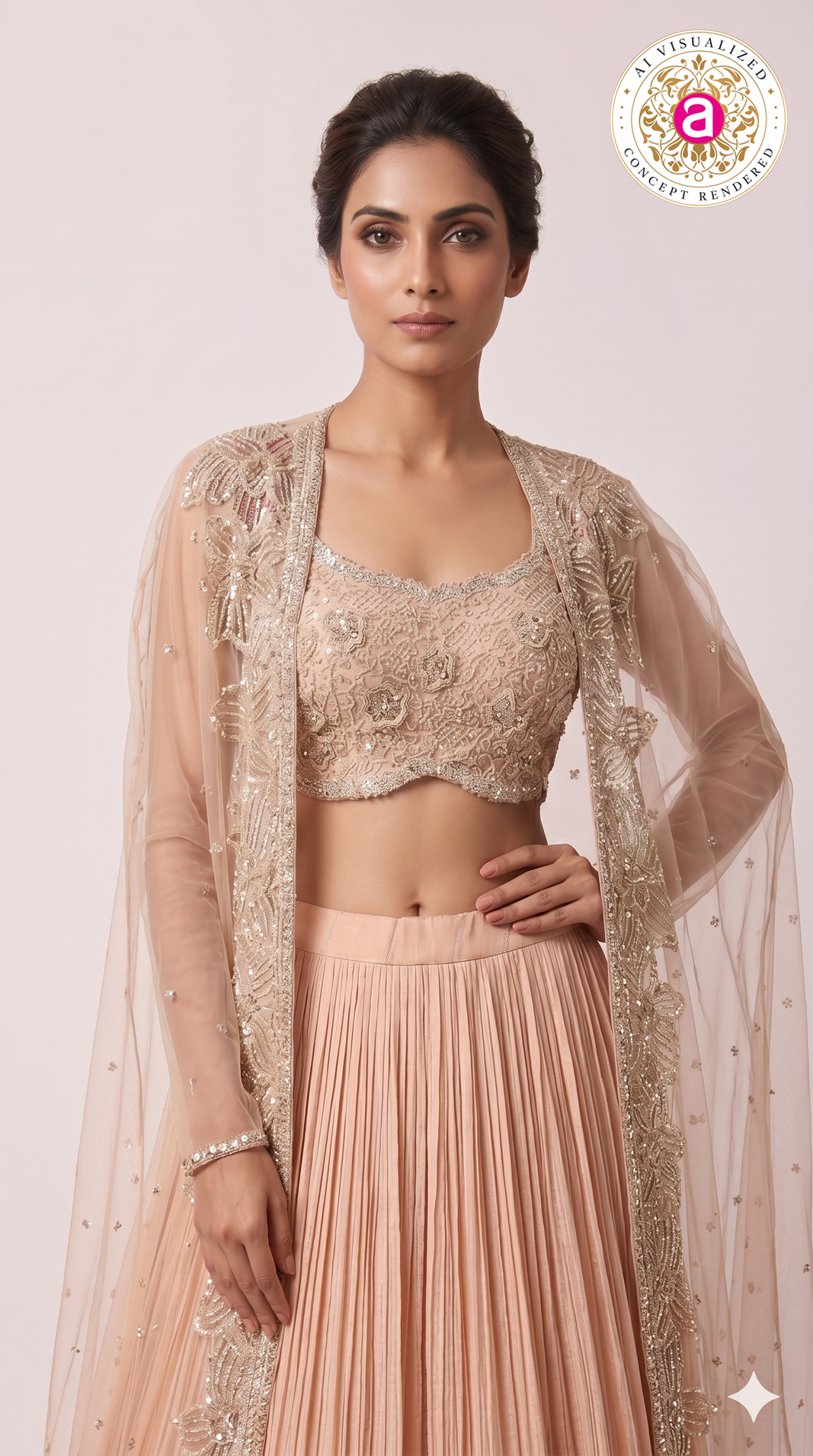 Blush Pink Embroidered Pleated Lehenga Set with Net Dupatta