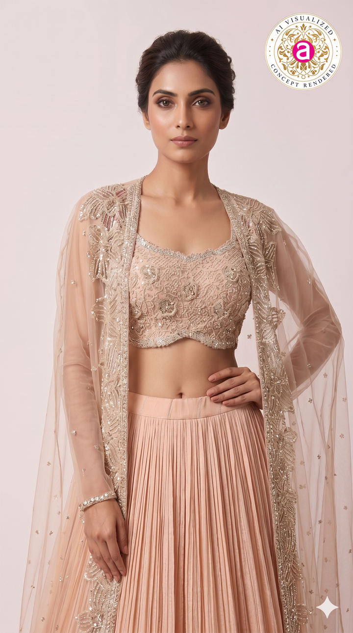 Blush Pink Embroidered Pleated Lehenga Set with Net Dupatta