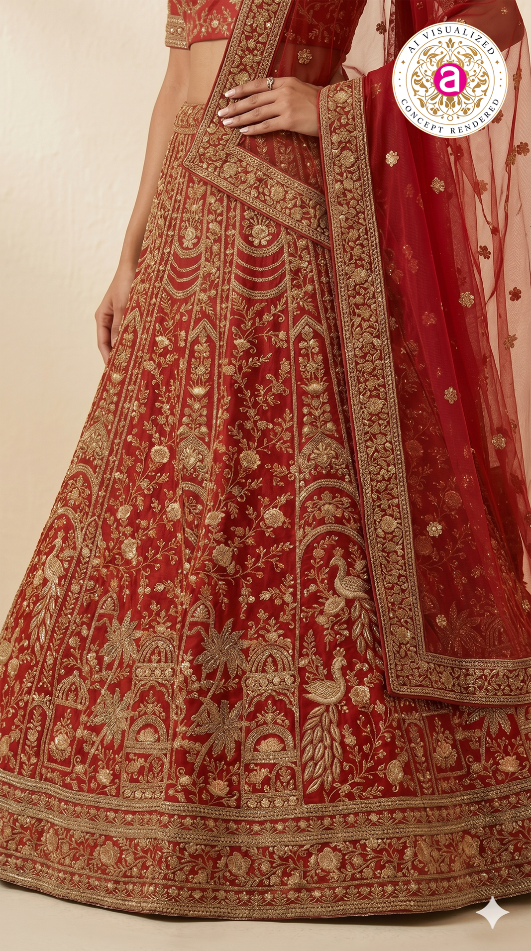 Bridal Red Designer Lehenga Set with Heavy Zari Embroidery & Net Dupatta