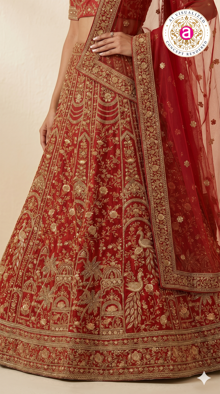 Bridal Red Designer Lehenga Set with Heavy Zari Embroidery & Net Dupatta