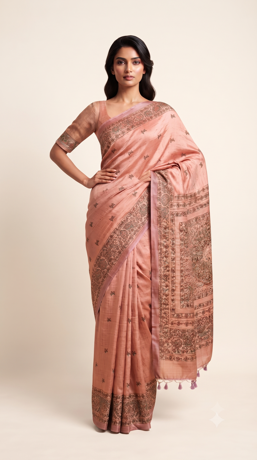 Linen Silk Saree with Traditional Madhubani Inspired Print & Tassel Pallu