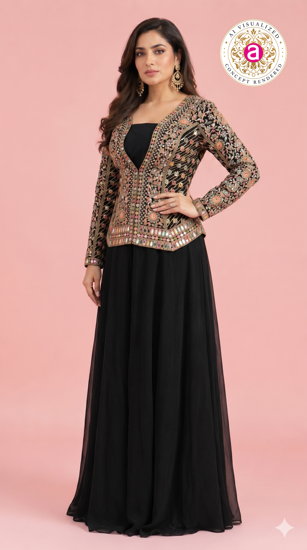 Black Handwork Embroidered Jacket Style Gown Set