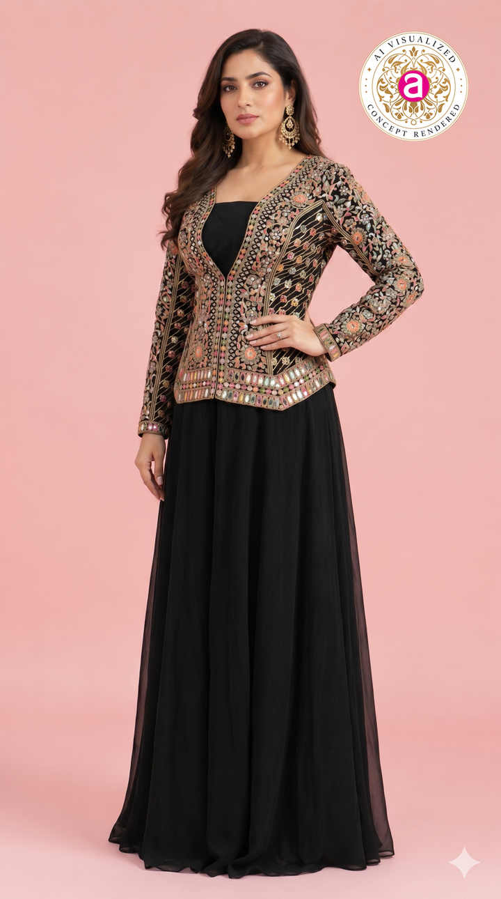 Black Handwork Embroidered Jacket Style Gown Set
