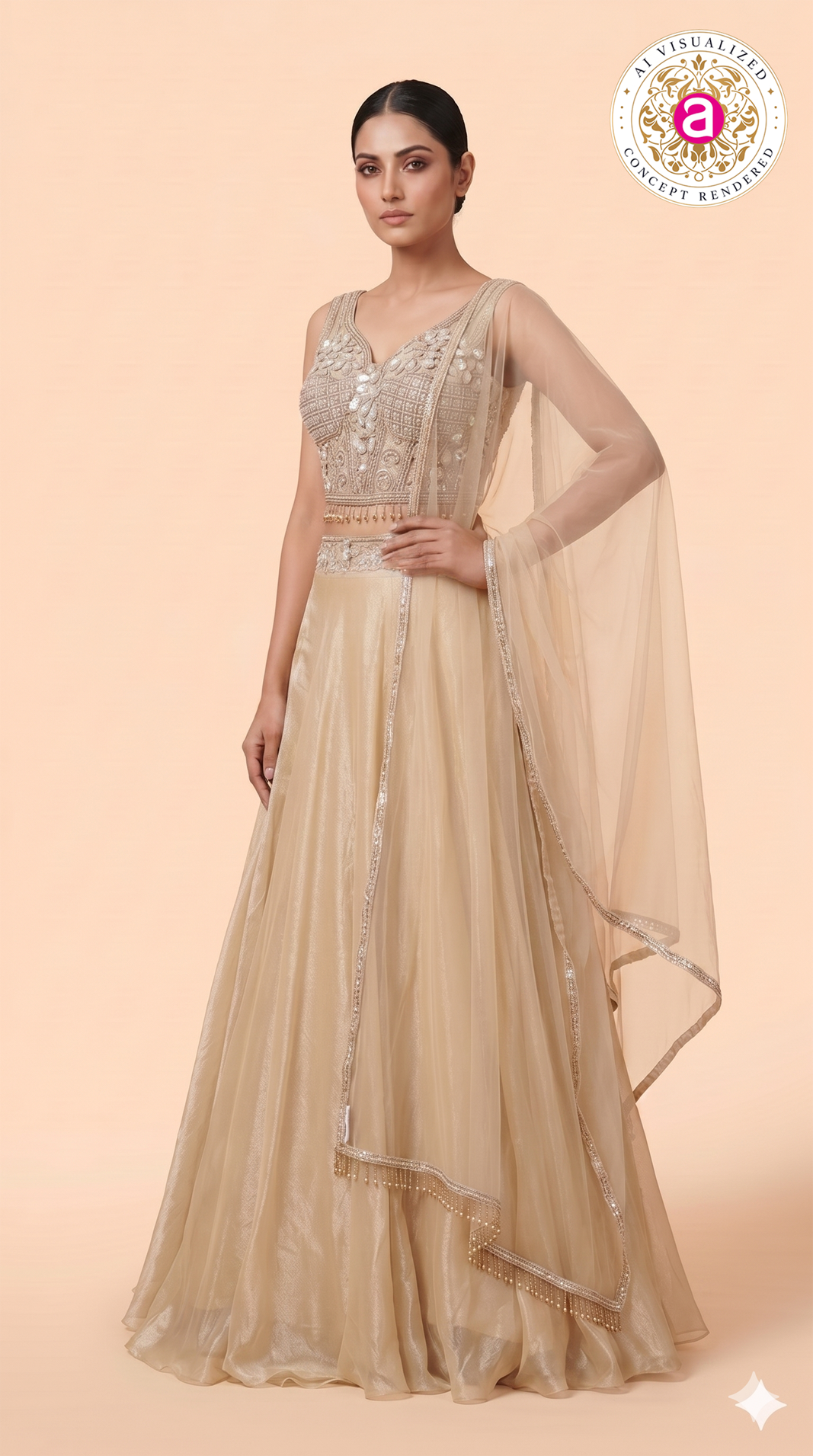 Champagne Gold Embellished Lehenga Set with Sheer Net Dupatta