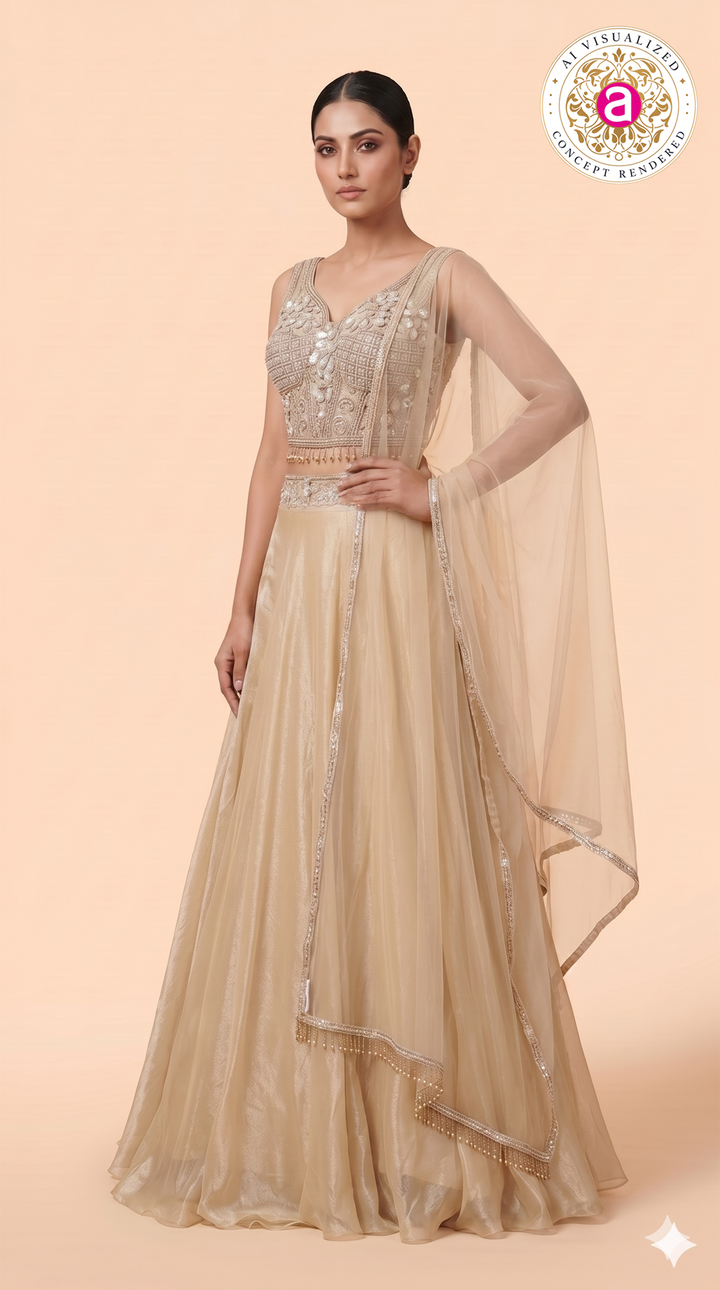 Champagne Gold Embellished Lehenga Set with Sheer Net Dupatta