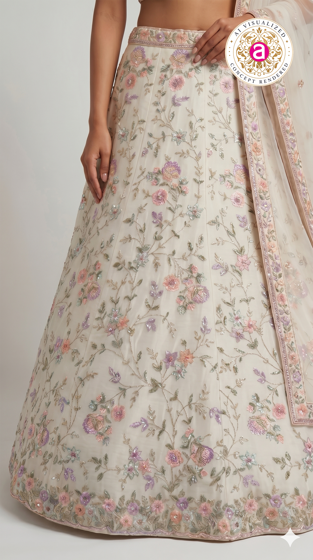 Ivory White Floral Embroidered Designer Lehenga Set with Organza Dupatta