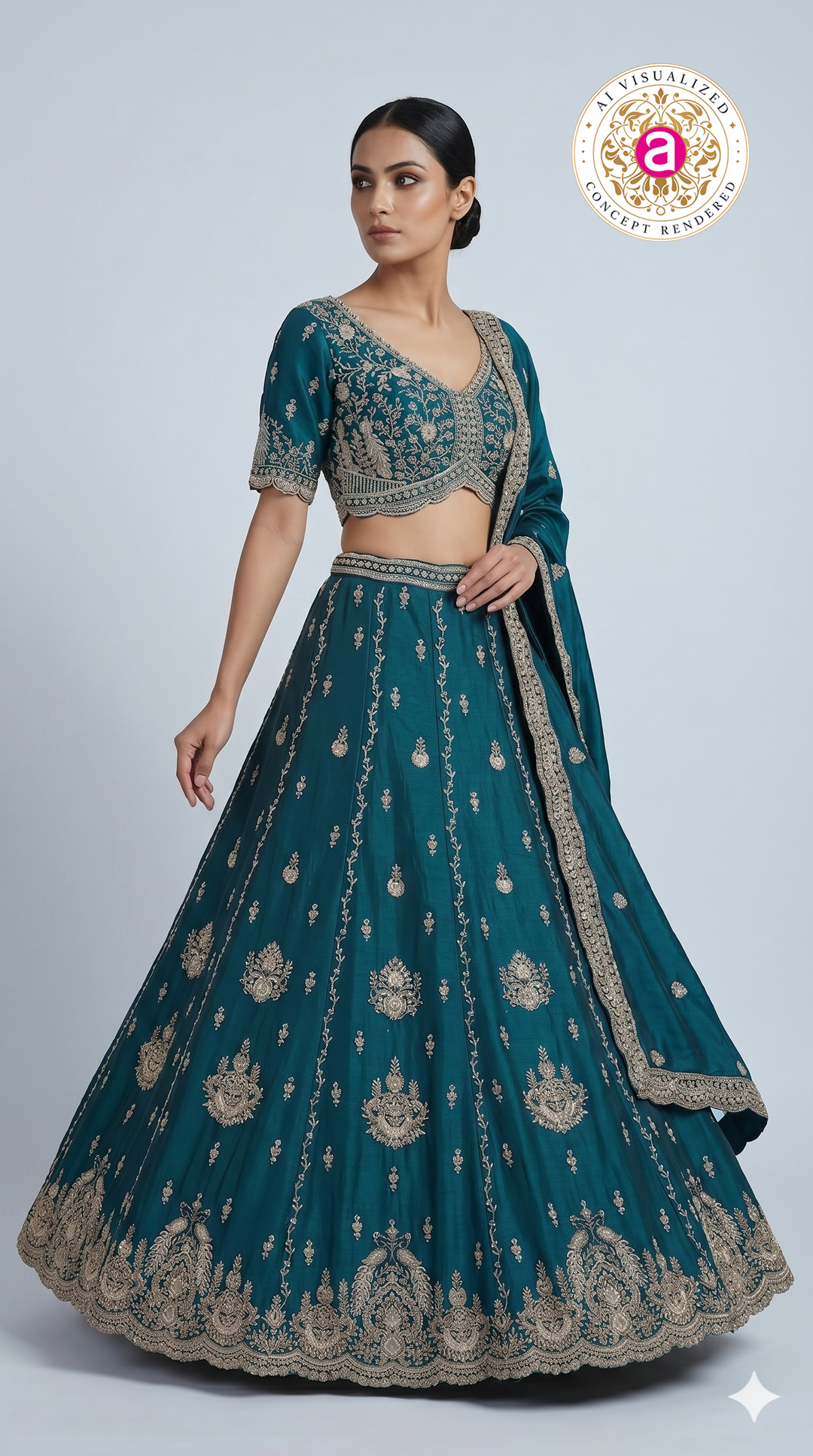 Teal Blue Designer Lehenga Set with Zari Embroidery & Regal Embellished Dupatta