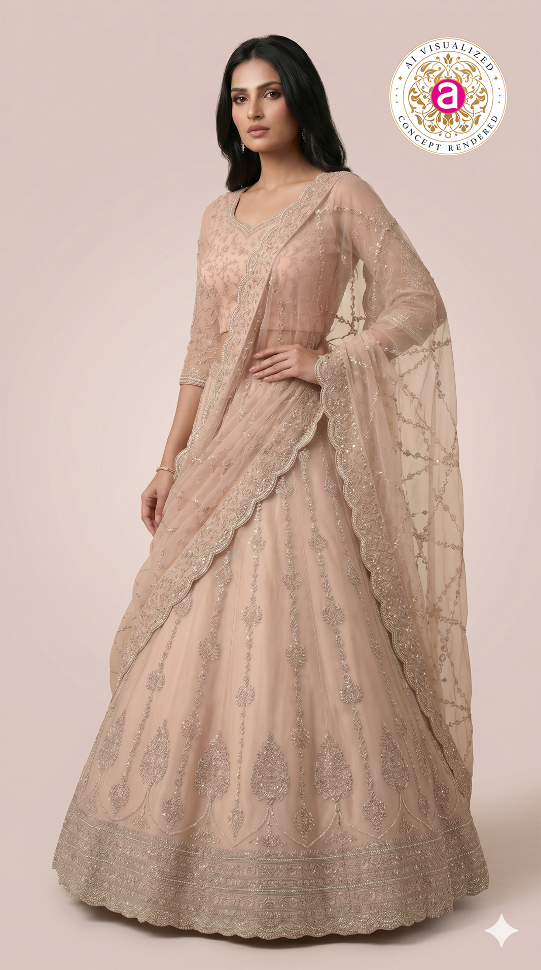 Blush Beige Designer Lehenga Set with Heavy Sequin Embroidery & Net Dupatta