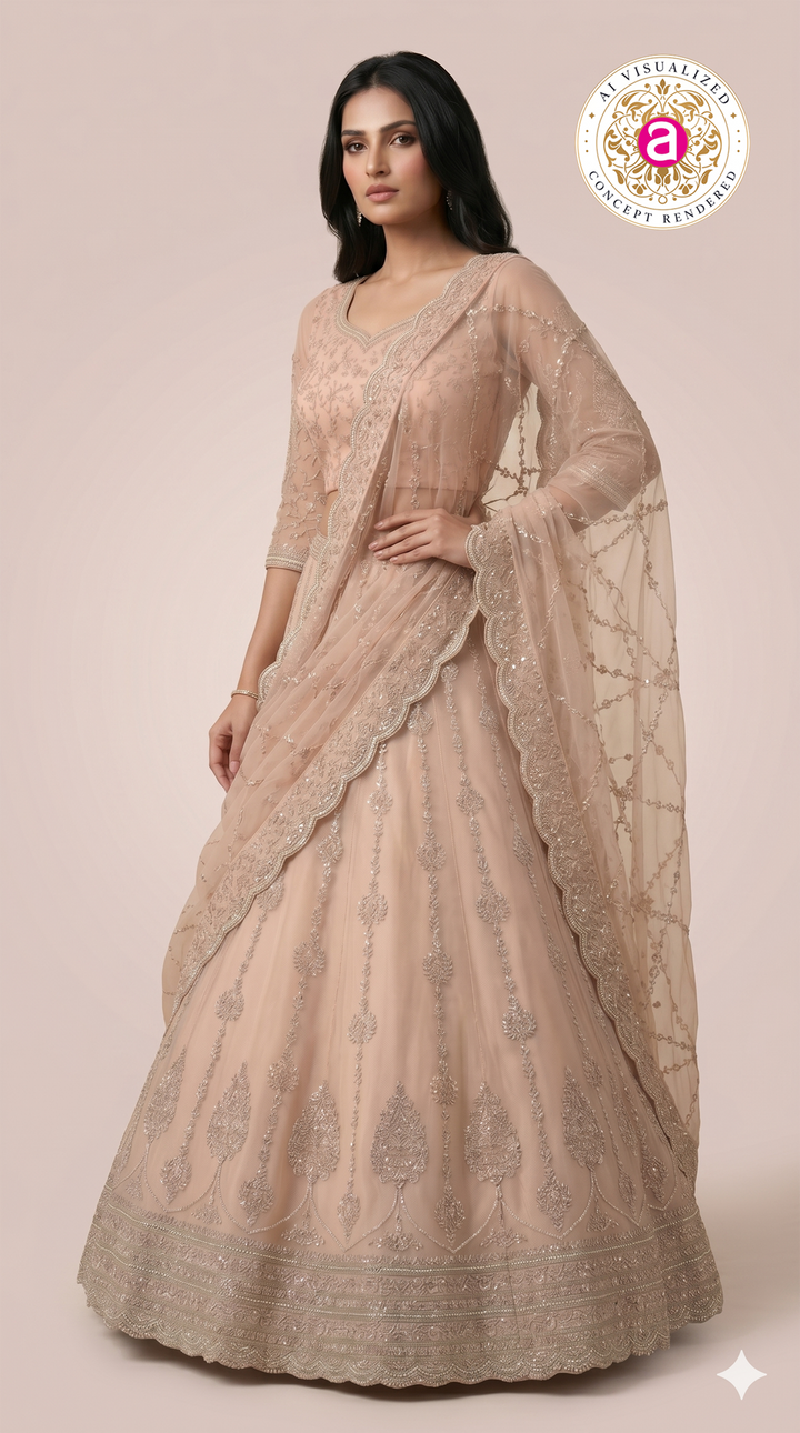 Blush Beige Designer Lehenga Set with Heavy Sequin Embroidery & Net Dupatta