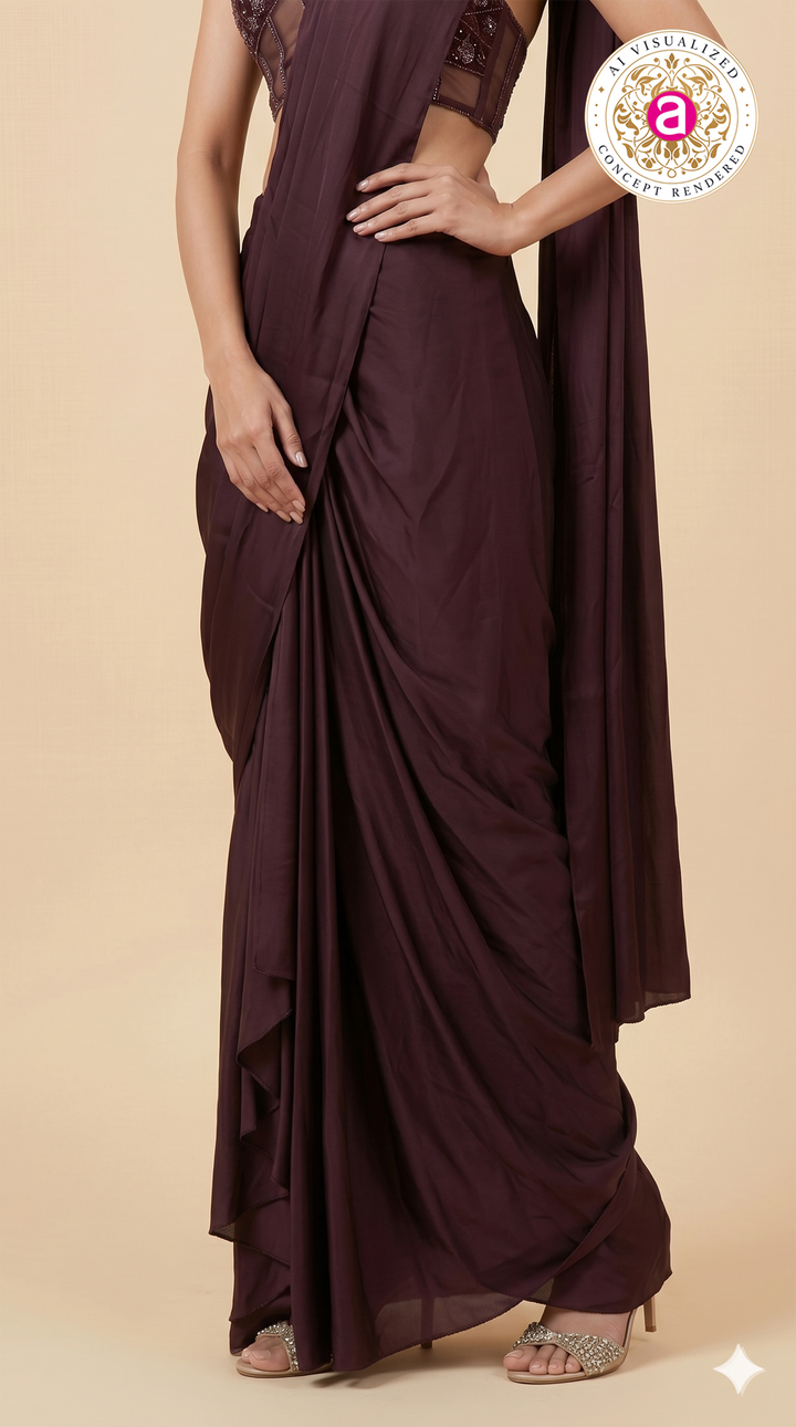 Wine Purple Ready-to-Wear Draped Saree with Embellished Halter Blouse