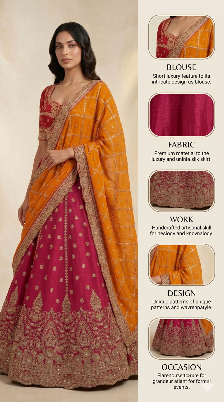 Rani Pink Bridal Lehenga Set with Orange Embroidered Dupatta & Royal Zari Heritage Work