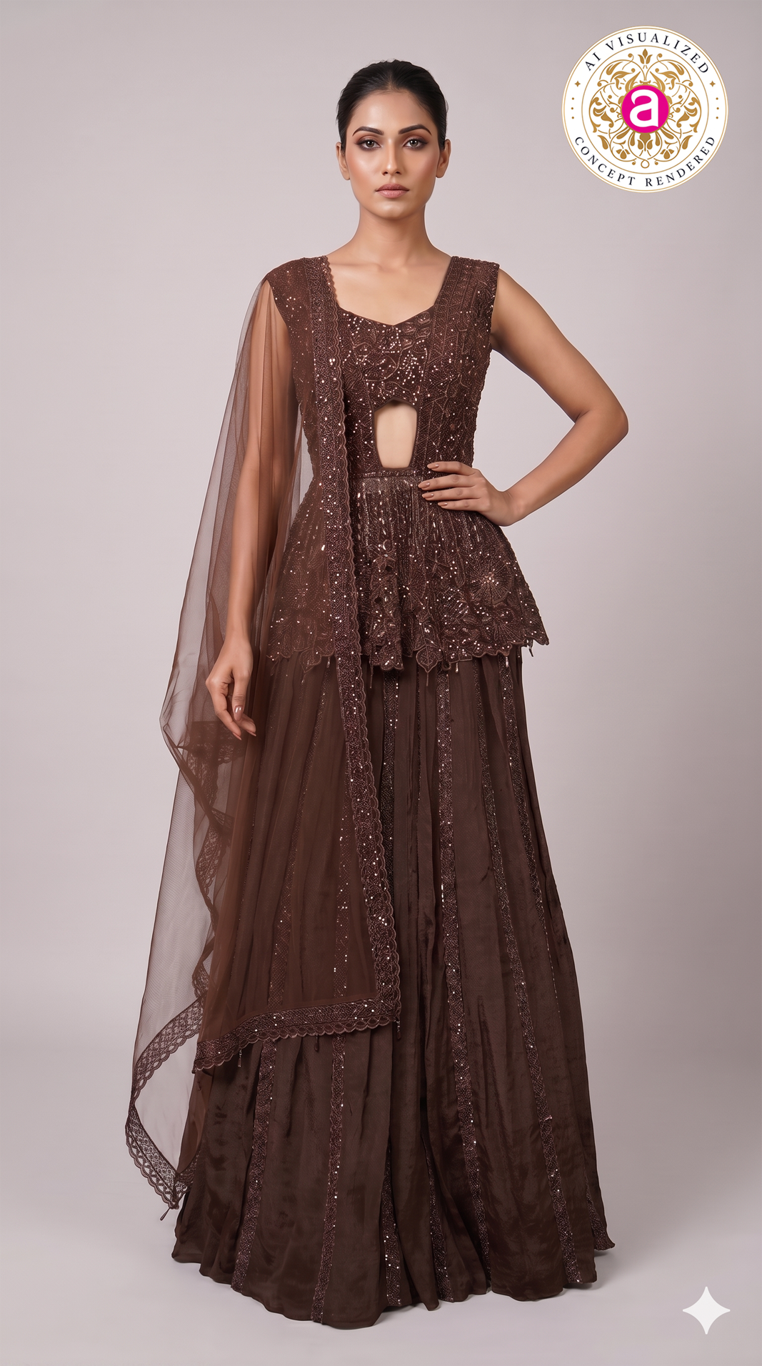 Chocolate Brown Embellished Peplum Lehenga Set with Sheer Dupatta