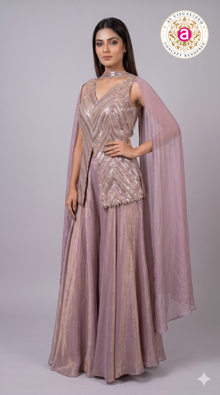 Dusty Mauve Sequined Cape Style Palazzo Set