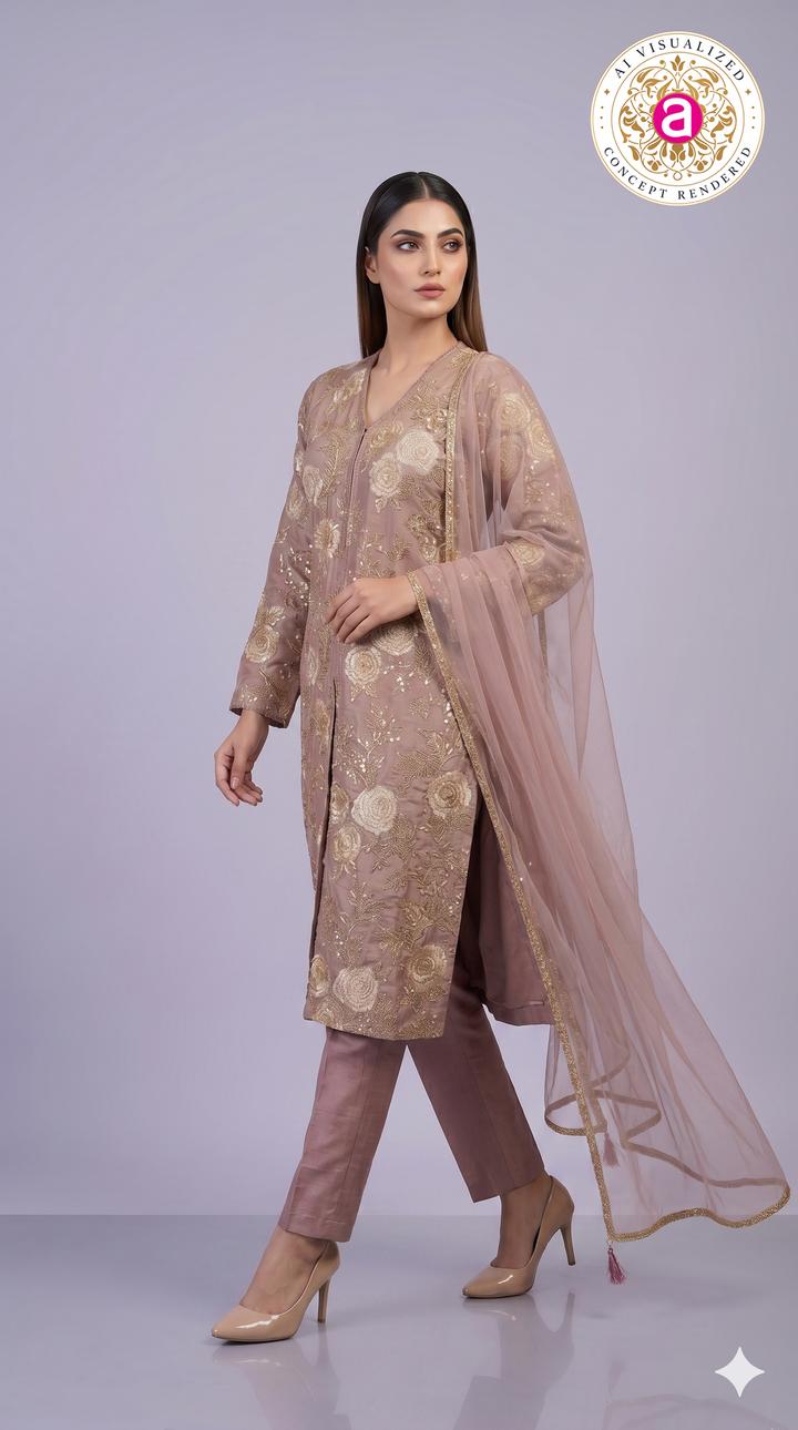 Dusty Rose Floral Embroidered Straight Kurta Set with Dupatta
