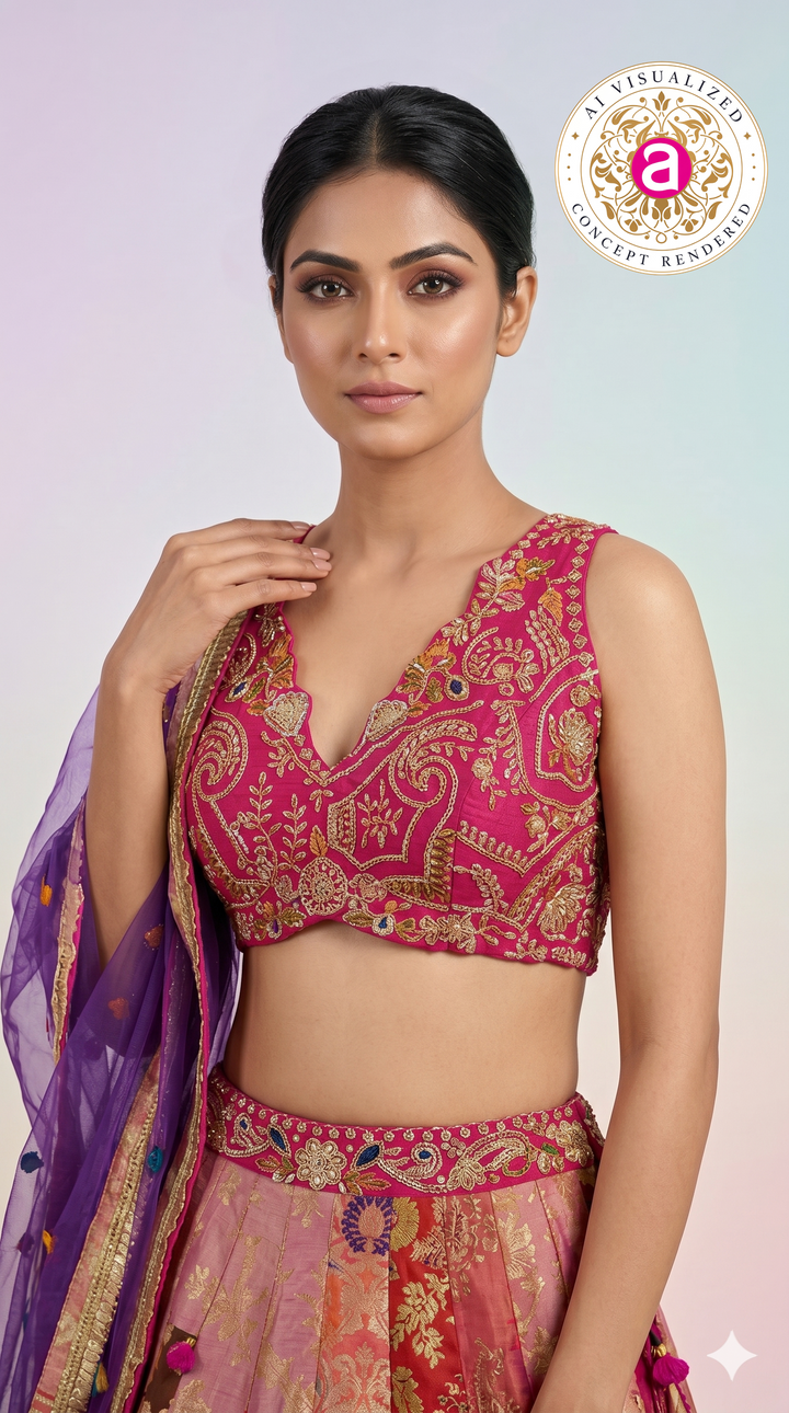 Rani Pink & Multicolour Banarasi Woven Designer Lehenga Choli with Purple Net Dupatta