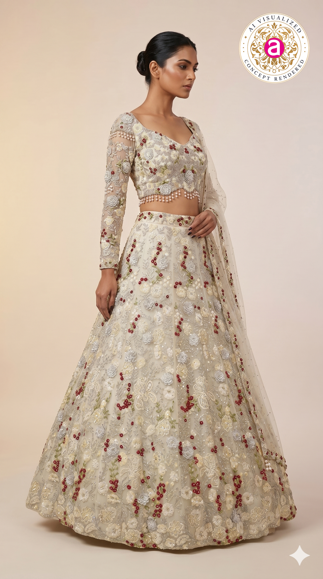 Ivory Pearl Embroidered Bridal Lehenga Set with Floral Handwork & Sheer Dupatta