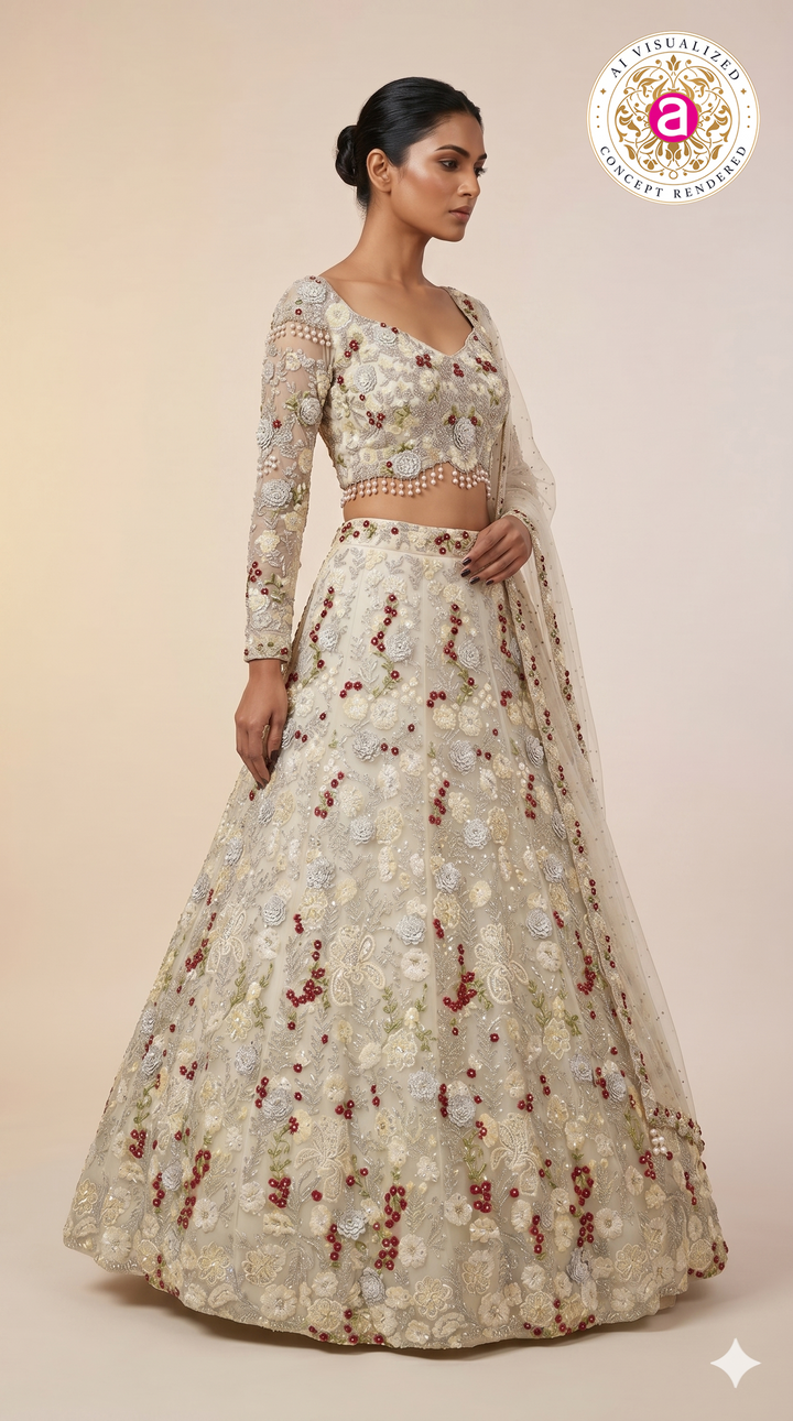 Ivory Pearl Embroidered Bridal Lehenga Set with Floral Handwork & Sheer Dupatta