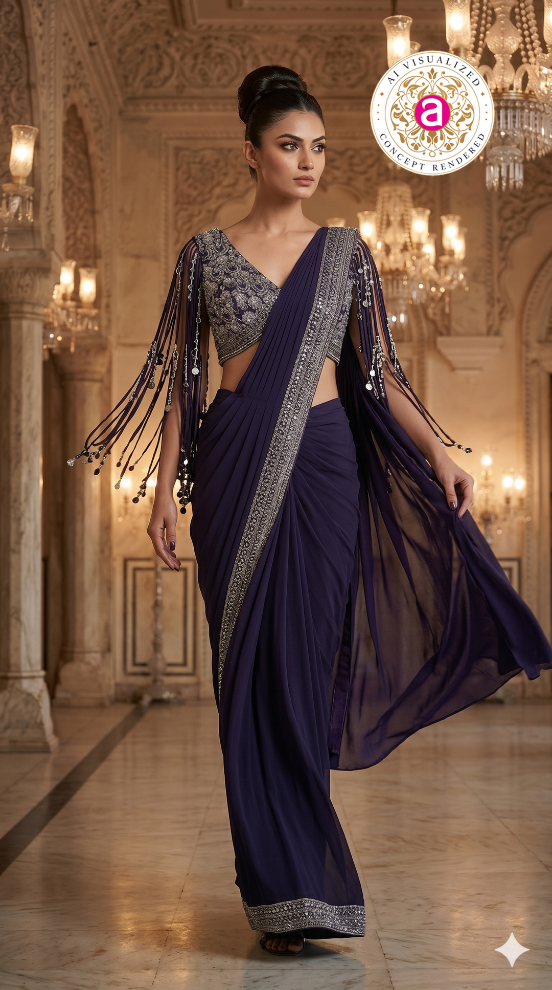 Midnight Purple Designer Saree with Embellished Fringe Blouse & Sequins Border