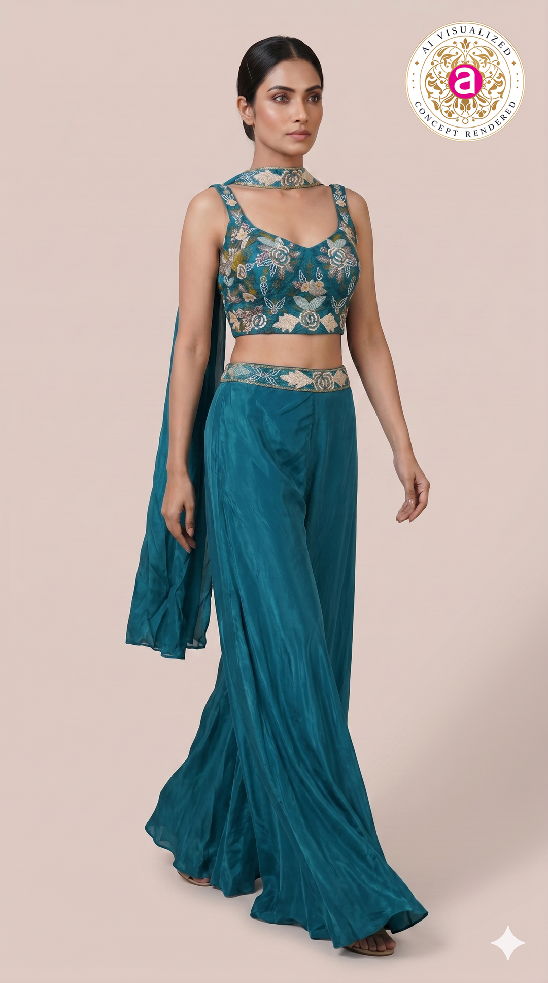 Teal Blue Embroidered Crop Top with Palazzo Pants & Cape Dupatta Set