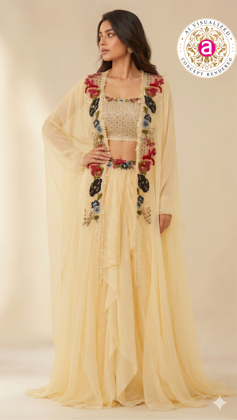 Ivory Floral Embroidered Indo-Western Cape Set with Draped Palazzo