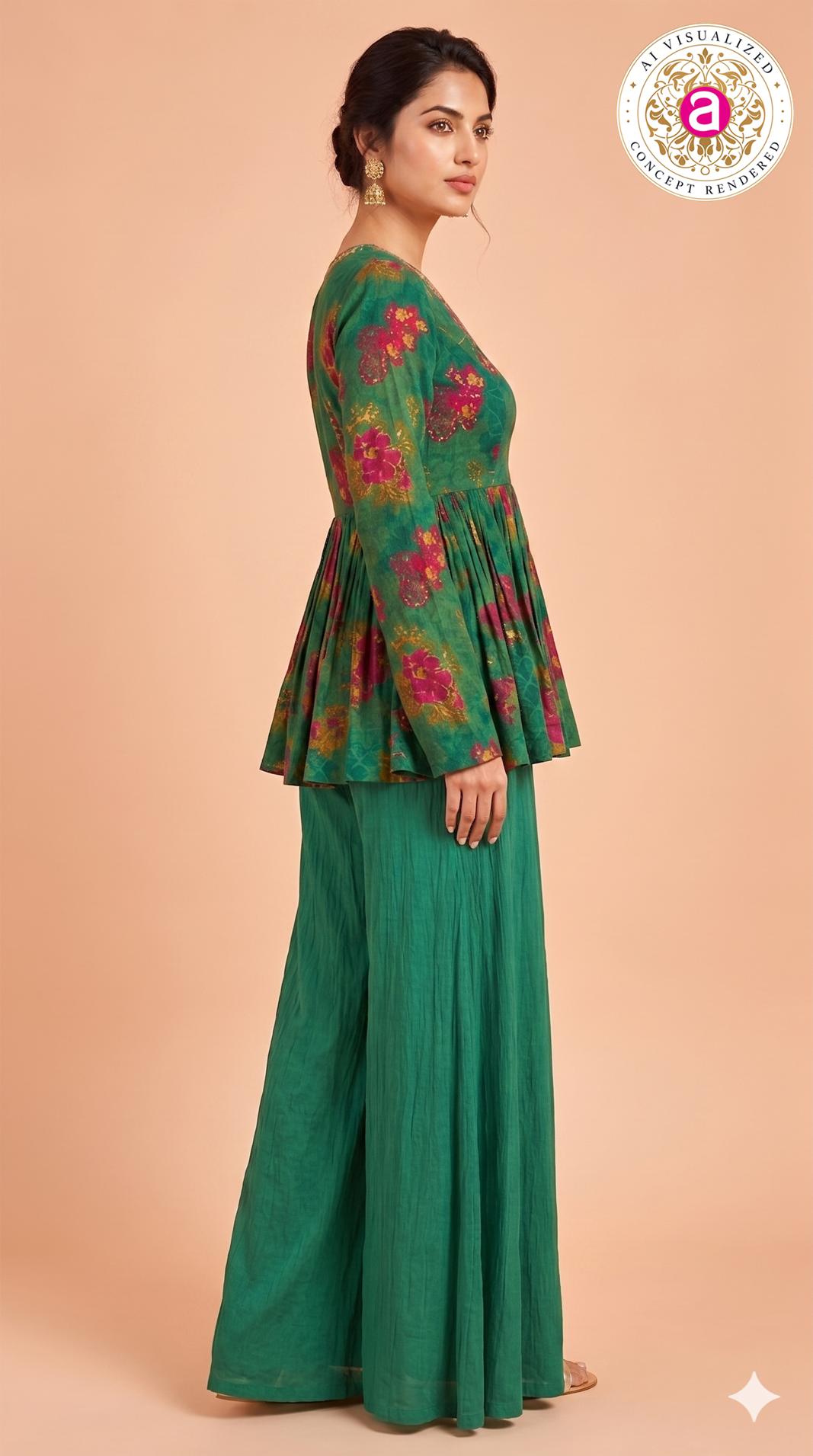 Teal Floral Printed Peplum Top with Palazzo Set