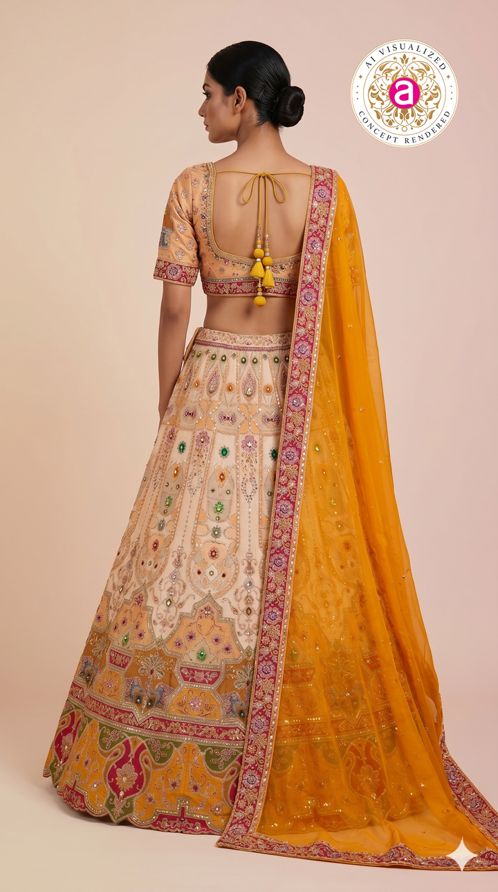 Peach & Mustard Embroidered Bridal Lehenga with Jewel Motifs & Designer Dupatta