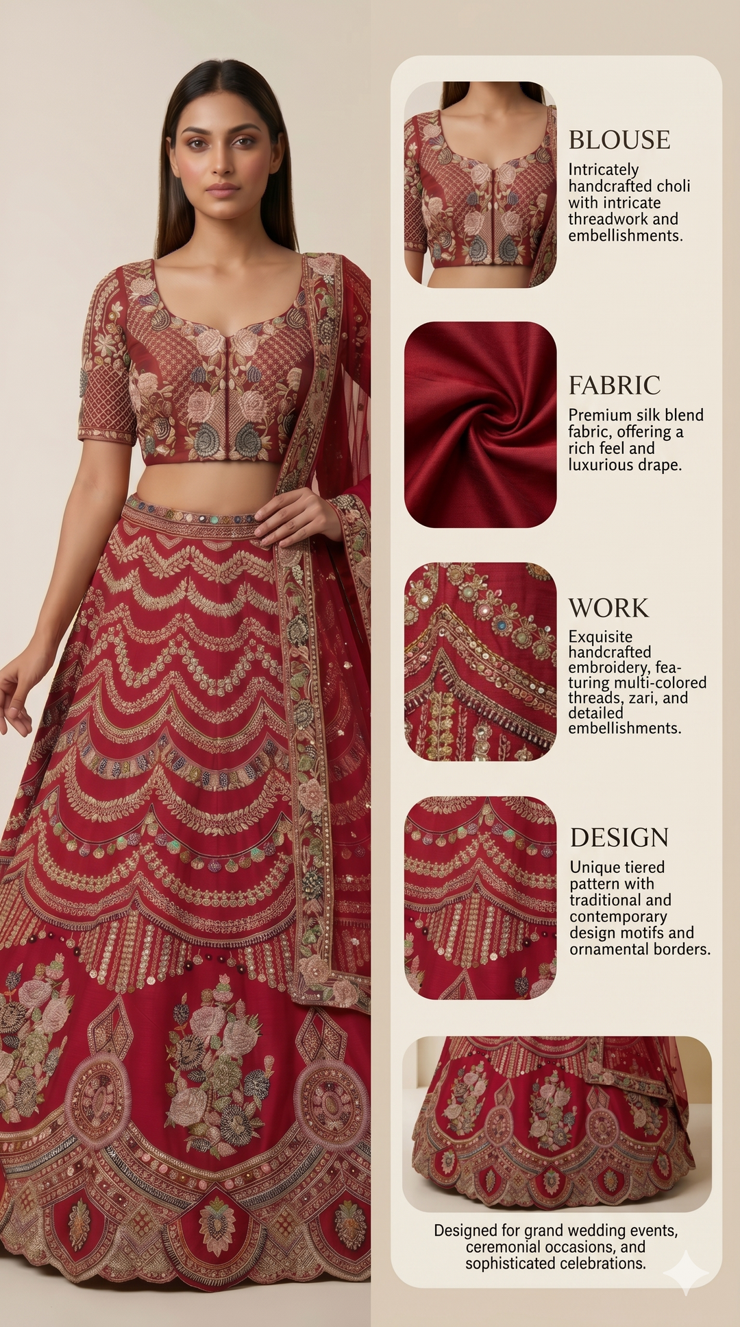Ruby Red Designer Bridal Lehenga Set with Floral Embroidery & Ornate Zari Detailing