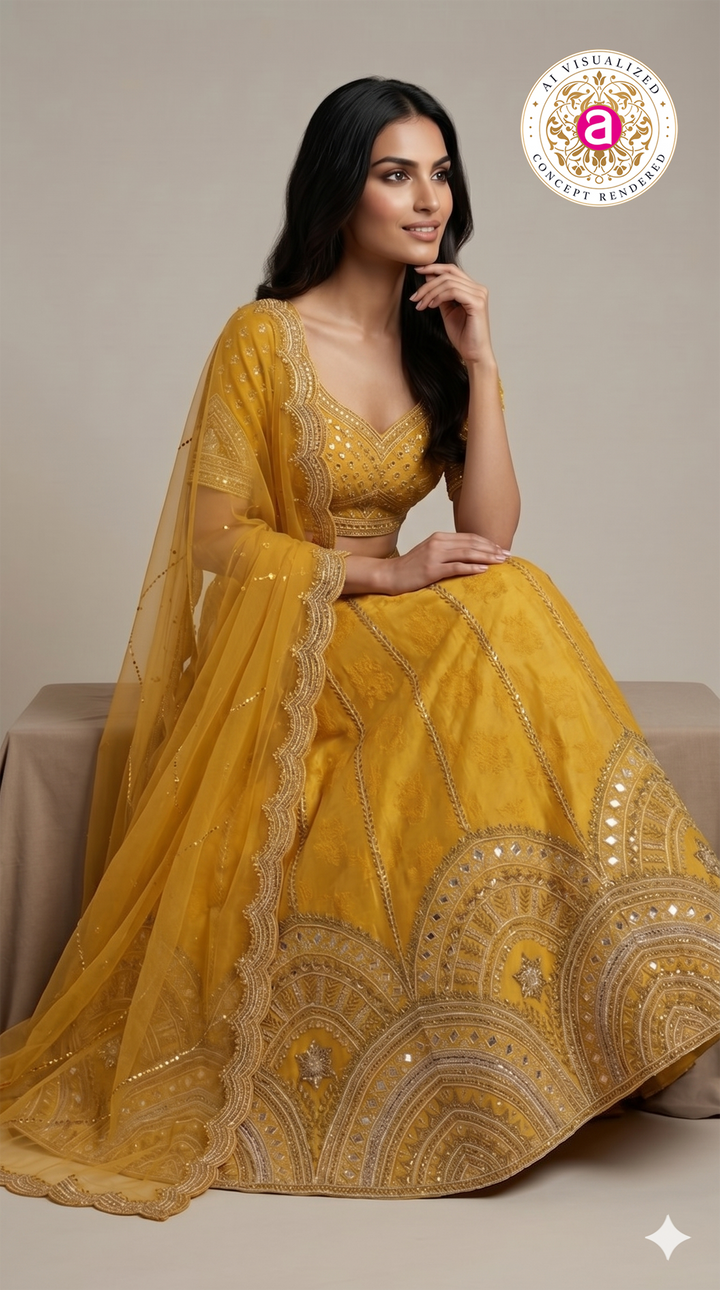 Mustard Yellow Designer Embroidered Lehenga Set with Organza Dupatta