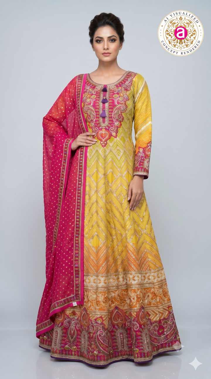 Sunshine Yellow & Rani Pink Embroidered Anarkali Gown with Designer Dupatt