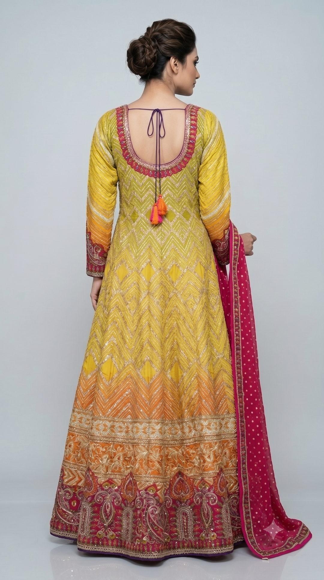 Sunshine Yellow & Rani Pink Embroidered Anarkali Gown with Designer Dupatt