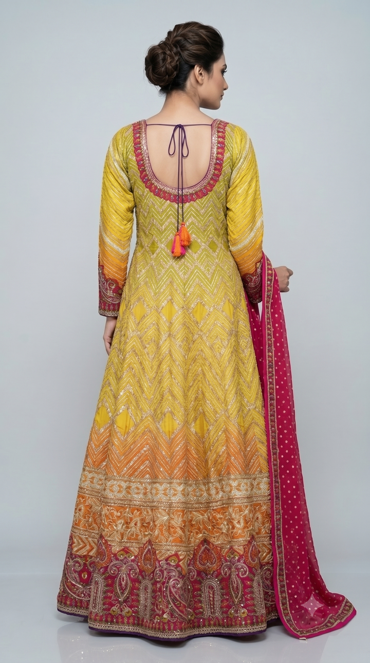 Sunshine Yellow & Rani Pink Embroidered Anarkali Gown with Designer Dupatt