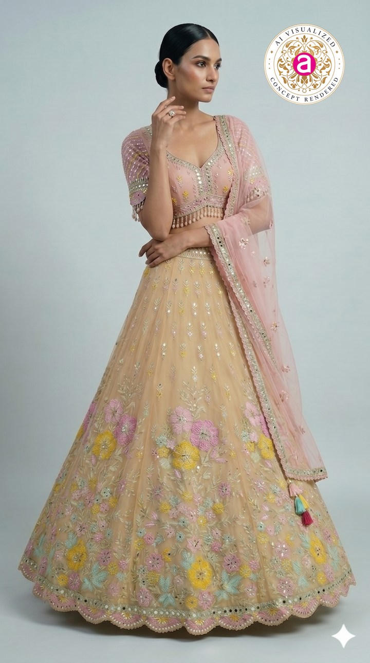 Pastel Beige Floral Embroidered Lehenga Choli with Pink Designer Blouse & Sheer Dupatta